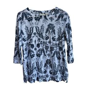 NEW Calypso St. Barth Small Linen Floral Top Blue White Lagenlook Coastal Preppy